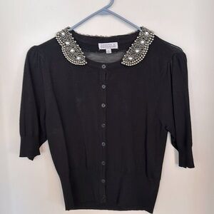 Joseph A. Beaded Rhinestone Collar Cardigan M Black 3/4 Sleeve Button Up Front